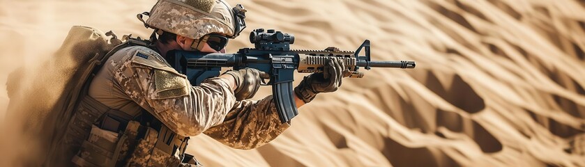 Fototapeta premium Focused soldier in desert combat gear holding rifle, sand whipping through the air, readiness in every move, military precision, determination in challenging environment