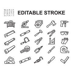 Collection of carpenter tools icons. Line style vector. Contains icons such as saw, sandpaper, ax and others.