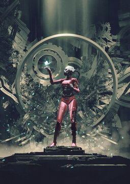 Fototapeta Futuristic Cyborg with Glowing Butterfly in Sci-Fi Scene