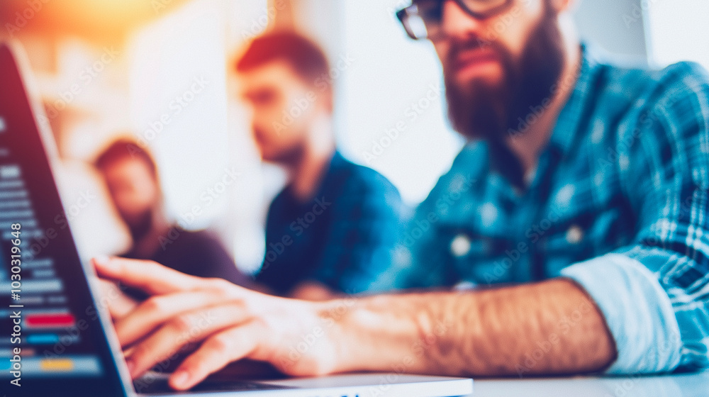 Poster bearded man working on laptop in modern office, focused on coding or data analysis. technology, team