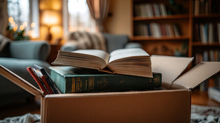 A close-up of a delivery box just opened, revealing neatly packed books and materials, with a cozy reading nook in the background.