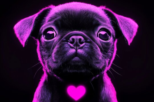 Black pug puppy with a glowing heart on its chest sitting against a neon purple backdrop evoking love playfulness and a futuristic vibe in a surreal brightly lit setting