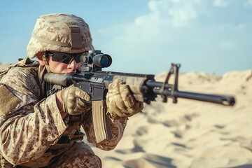 Fototapeta premium Rifle-wielding soldier in desert camouflage, wind blowing across the sand, expression sharp and focused, military focus, strength and determination in the face of adversity