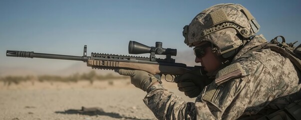 Fototapeta premium Soldier in desert camo aiming rifle, eyes locked on a distant target, wind-swept desert scene around him, combat focus, sharp determination and readiness