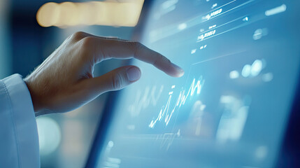 A close-up of a doctor's hand tapping on a financial graph on a touchscreen, symbolizing the importance of business analytics in healthcare management.
