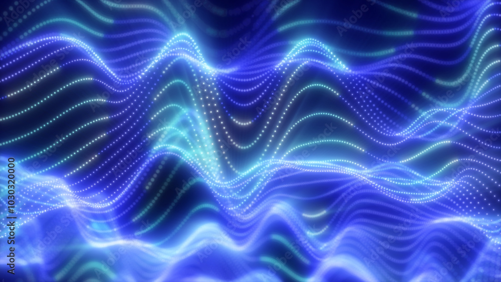 Poster abstract waves of glowing particles in vibrant blue creating a dynamic and fluid digital landscape a