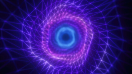 A mesmerizing pink and blue vortex with a geometric wireframe futuristic glowing tunnel effect for conveying technology, digital worlds, or abstract energy