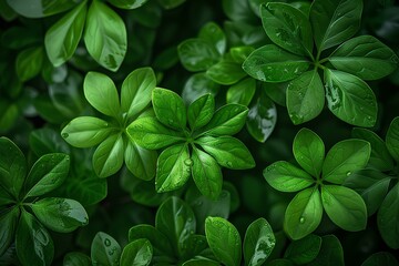 A group of green leaves with water droplets on them