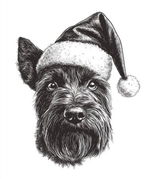recommend clip art: Black and white Vintage engraved art of a Scottish Terrier wearing a Christmas Santa hat, isolated on white background, ink sketch illustration, simple vector art design, highly detailed line art