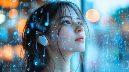 Waist-up portrait of a woman wearing wireless headphones with a digital overlay in a cityscape background