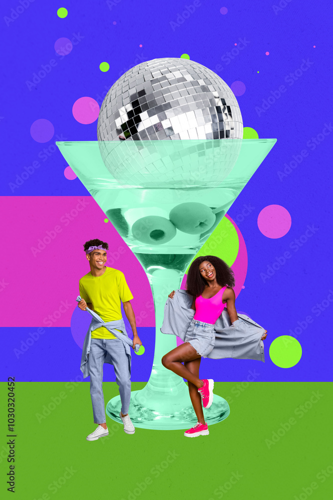 Canvas Prints Vertical photo collage of happy american girl guy dance weekend party martini glass disco ball entertainment isolated on painted background