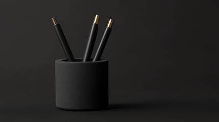 A black pen holder with black pens on a black surface.