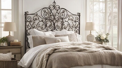 Bedroom interior details, bedside of forged black steel bed with pillows, Large double wrought iron bed, Bed is covered with white linens, Metal Bed on white background