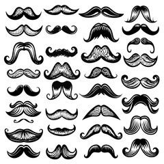 A collection of 29 hand-drawn mustache illustrations. Each mustache is unique, ranging from classic to whimsical, providing creative options for vintage projects, logo design.