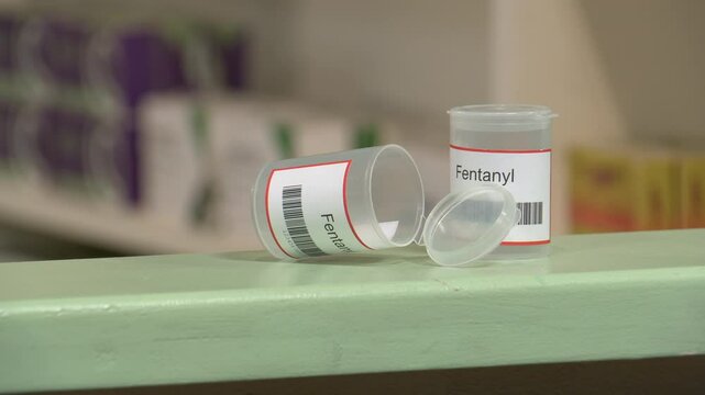 Close up, slow zoom in on two mock up plastic pill bottles with a label reading "Fentanyl" on the bottles.  Concept for fentanyl abuse. 

