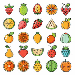 A set of 30 colorful and cute fruit icons, perfect for adding a touch of vibrancy to your projects. Each icon is a unique and delicious representation of a popular fruit, ideal for branding.