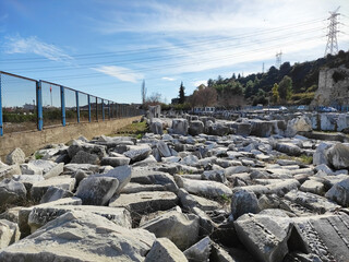 Ancient stone ruins with a pattern, fragments of ancient buildings and structures of the Roman...