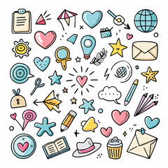A collection of hand-drawn doodle icons, including hearts, stars, a hat, a coffee cup, a pencil, a book, a globe, a plane, a cloud, and more.