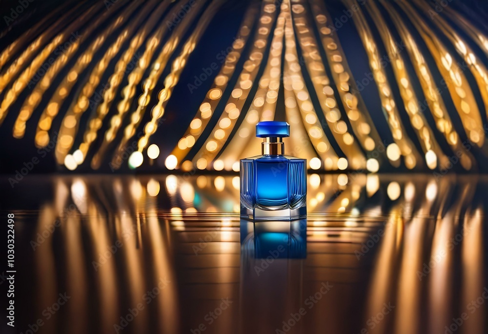 Aufkleber A blue glass bottle of perfume stands alone on a shiny surface with a blurry background of out of focus golden lights.