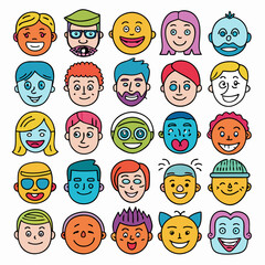 A collection of 30 unique and diverse cartoon faces, each with a distinct expression and personality. Perfect for adding a playful touch to your projects, these illustrations are ideal for websites.