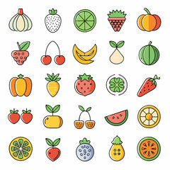 A set of 28 colorful and cute fruit and vegetable icons, perfect for adding a touch of whimsy to your designs. This collection features a variety of fruits, including strawberries, cherries.