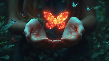Pair of hands cradling a glowing female symbol with delicate butterflies in flight representing femininity and strength designed in a modern vector style for Women's Day celebration