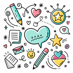 A vibrant hand-drawn illustration featuring a collection of cute and playful doodles, including hearts, stars, pencils, and speech bubbles, perfect for adding a whimsical touch to your designs.