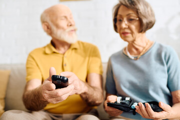 Loving couple engages in diabetes management together while sitting at home.