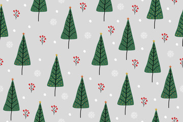 Obraz premium Christmas seamless pattern on a grey background. Cute christmas tree doodle hand drawn. Celebrate festival. Design for vector illustration, fabric, wrapping, gift, paper, greeting cards.