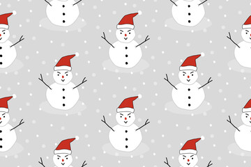 Cute snowman doodle hand drawn. Christmas seamless pattern on a grey background. Celebrate festival. Design for vector illustration, fabric, wrapping, gift, paper, greeting cards.