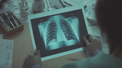 Doctor carefully examines X-ray film of patient's lungs, identifying COVID-19 complications, with medical instruments and charts in the background.