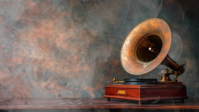 Vintage Gramophone with a Brass Horn on a Wooden Surface with Smoke