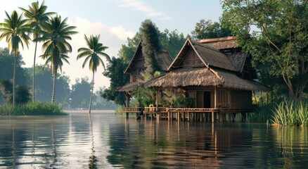 serene lake house, tropical paradise, peaceful retreat, lush greenery, water reflections, nature escape, warm sunlight, idyllic scenery, tranquil atmosphere, rustic architecture