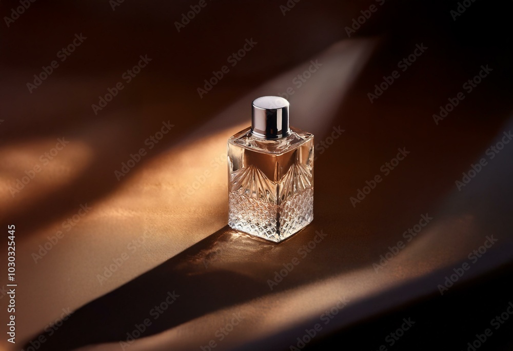 Poster a glass bottle of perfume sits on a brown surface with a soft light illuminating it.