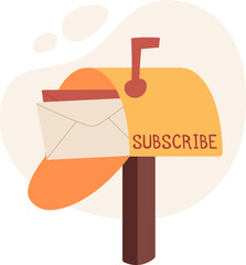 Cartoon mailbox with envelope and subscribe label. Flat design showcases message and note in a creative way. Concept of communication, delivery, correspondence, suitable for trendy stationery or