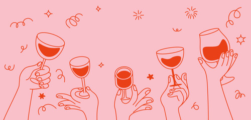Vector simple minimal linear style illustration with cartoon hands holding wine glasses, celebration and party vibe, invitation design element, banner, template