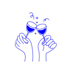 Vector simple minimal linear style illustration with cartoon hands holding wine glasses, celebration and party vibe, invitation design element, banner, template