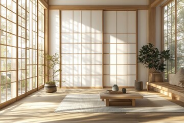 japandi interior, sunlit living room with japandi interior and minimalist wooden furniture, merging japanese elegance with scandinavian simplicity and space for text
