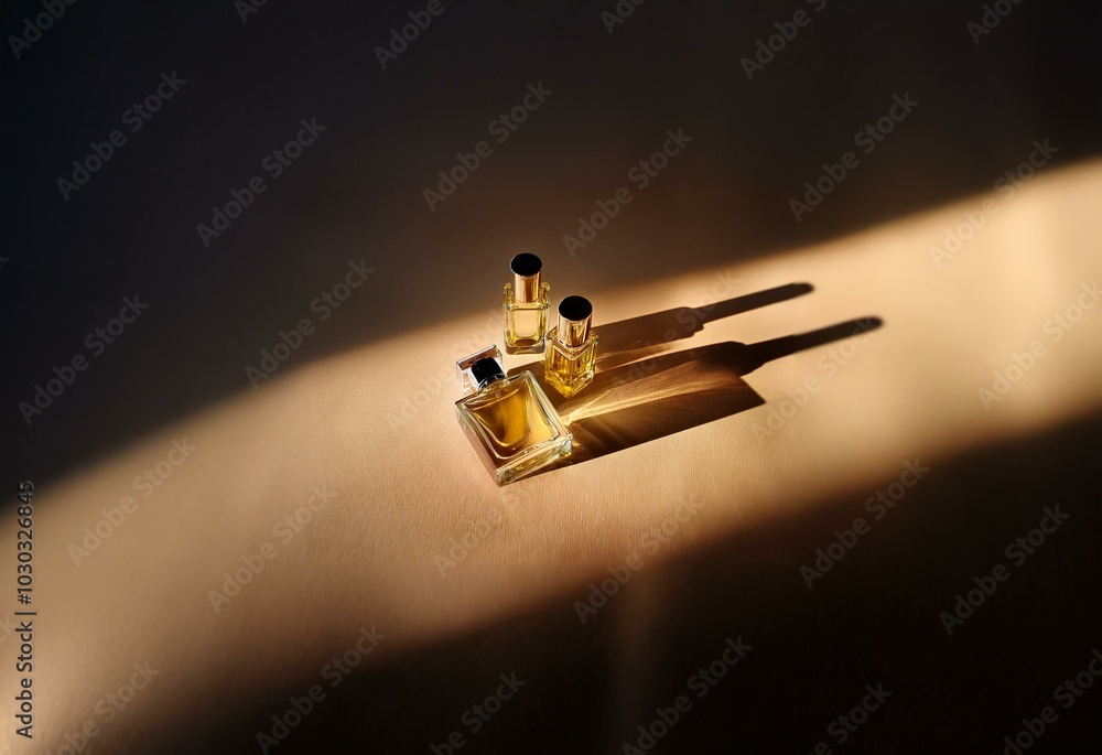Poster three perfume bottles with gold tops and liquid inside, casting shadows on a beige surface.