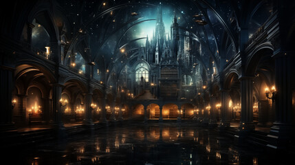 Obraz premium Intricate fantasy hall illuminated by candles with a mystical mood and an ancient cathedral backdrop