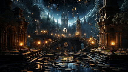 Opulent fantasy bridge illuminated by floating lanterns in a dreamlike atmosphere