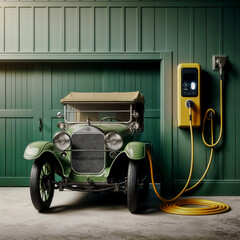 A classic vintage car parked next to an electric charging station 