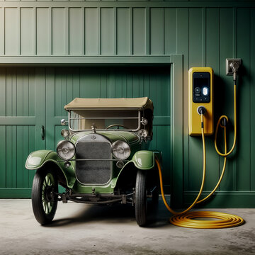 A classic vintage car parked next to an electric charging station 