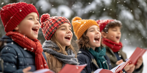 Fototapeta premium Cheerful children doing door-to-door carol singing on Christmas eve. Group of kids caroling on the street during festive holidays. Traditional Christmas activities.