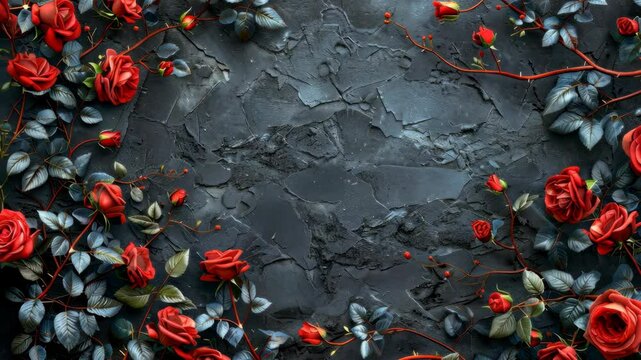 Red roses with green leaves adorn a dark gray textured background