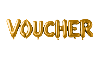 Golden balloon letters spelling 'Voucher' on a transparent background. Ideal for loyalty programs, promotions, and celebration visuals. Perfect for marketing, business incentives, and event graphics