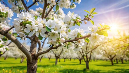 Obraz premium white spring apple tree blossoms in sunny weather Long Shot