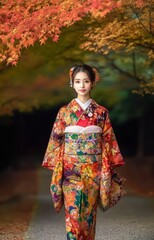 Obraz premium Japanese Woman in Colorful Kimono Enjoying Autumn in Kyoto Park - Fullbody Shot