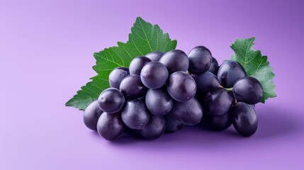 Fototapeta premium Exquisite Black Wine Grape and Kyoho Grape with Leaves, Isolated on a Regal Purple Background (