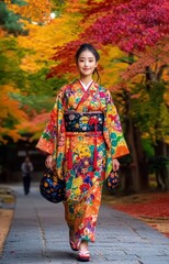 Japanese Woman in Colorful Kimono Enjoying Autumn in Kyoto Park - Fullbody Shot